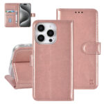 TUNIQ iPhone 16 Pro Book type case - Card holder for 3 cards - Magnetic closure - Rose Gold