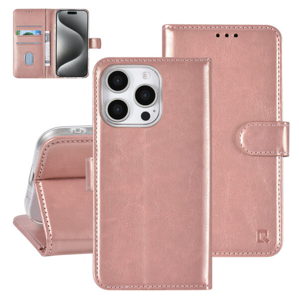 TUNIQ iPhone 16 Pro Book type case - Card holder for 3 cards - Magnetic closure - Rose Gold