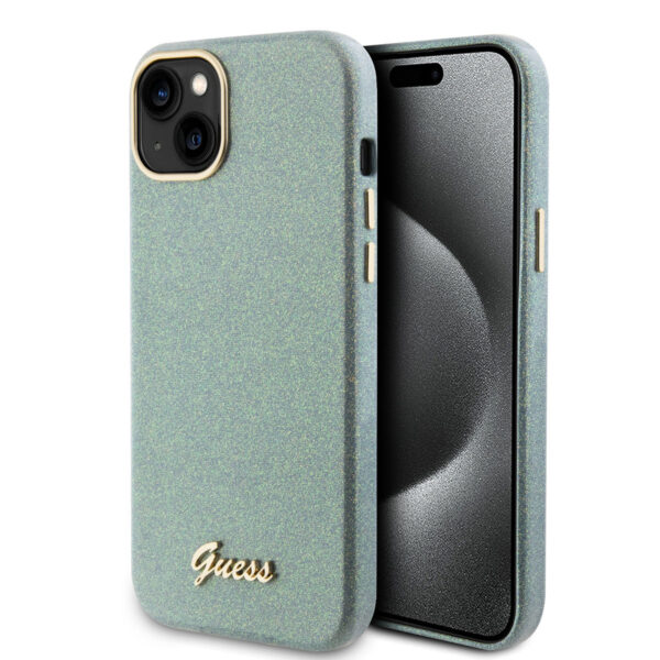 Guess iPhone 15 & 14 Plus TPU Back Cover - Glitter Glossy Script - Khaki