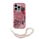 Guess iPhone 16 Pro Back cover case - Magsafe IML Flowers Whiteh pearl strap - Pink