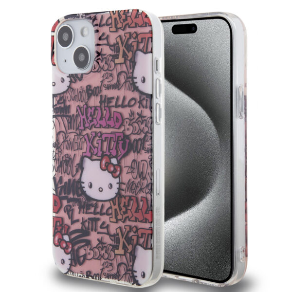 Hello Kitty iPhone 15 & 14 Plus TPU Back Cover - Graffiti Tags - Pink