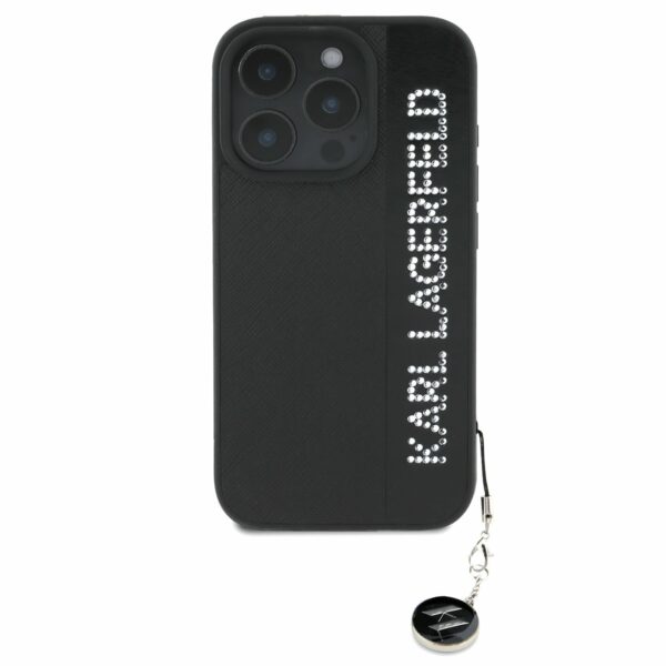 Karl Lagerfeld iPhone 16 Pro Back cover case - Saffiano rhinestones and charm - Black