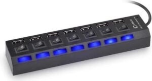 7 Poort Multi USB 2.0 Hub Splitter Zwart - Voor Laptop / Apple Mac / Macbook & Windows - Met LED Verlichting