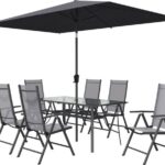 NATERIAL - Tuinmeubelset OVION - Rechthoekige tafel 168X88X73 cm - 6 klapstoelen - 1 parasol 293X300 cm - Aluminium - Staal - Glas - Textilene - Antraciet - Tuinmeubelen