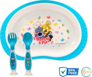 Woezel en Pip Kinderbestek Set met Hartvormig Bord - BPA-Vrij - Geschikt voor Jongens en Meisjes vanaf 6 Maanden