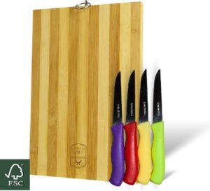 Maxenza Houten Snijplank (30x20x1,5 cm) & 4 RVS Fruitmessen (17 cm) Set - Premium Keukenaccessoires - Snijplank Hout