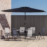 NATERIAL - Tuinmeubelset OVION - Rechthoekige tafel 168X88X73 cm - 6 klapstoelen - 1 parasol 293X300 cm - Aluminium - Staal - Glas - Textilene - Antraciet - Tuinmeubelen - Afbeelding 3