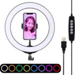 PULUZ 10,2 inch 26 cm USB 10-modi 8 kleuren RGBW Dimbare LED-ring Vlogging Fotografie Videolichten met koude schoen Statief Balhoofd & telefoonklem (zwart)