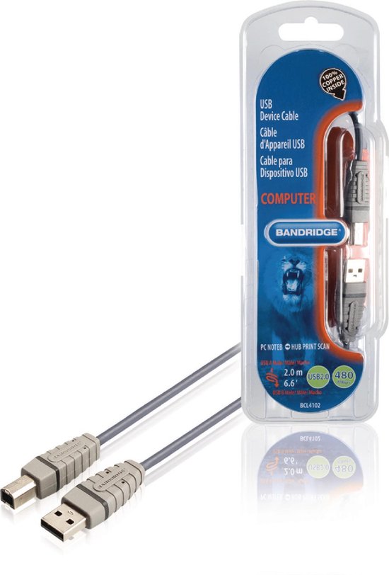 550x812-2 Bandridge - USB 2.0 A-B Kabel - Grijs - 2 meter - Afbeelding 1